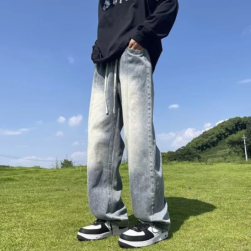 Men Classic Drawstring Korean Fashion Baggy Jeans