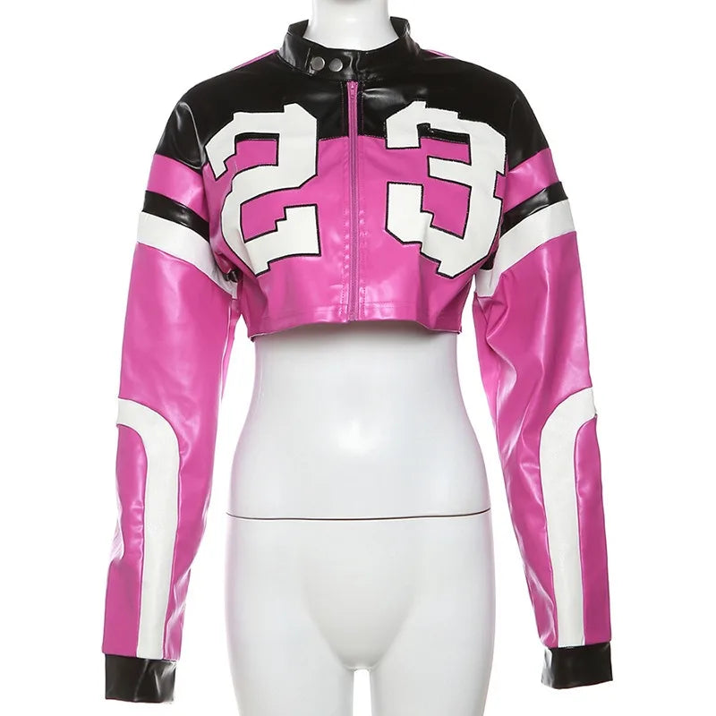 Streetwear Fashion Women Faux Leather New Jacket Letter Print Autumn Casual Sporty Wild Streetwear Uniform Trend Lady Crop Coat