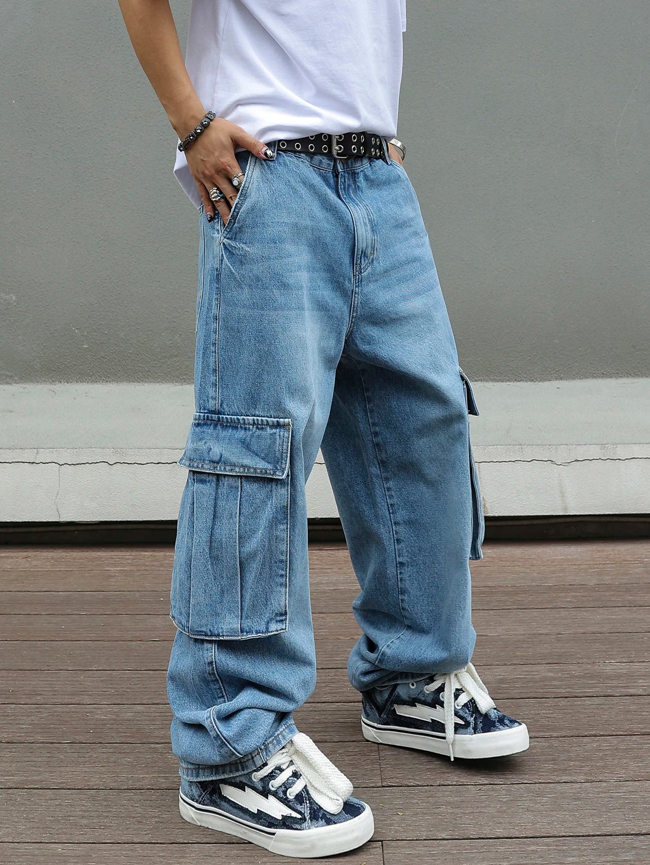 Men's Baggy Cargo Pants Light Blue Washed Denim