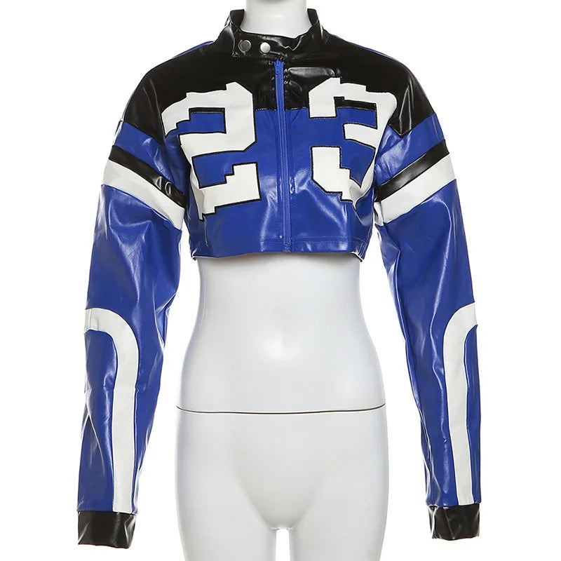 Streetwear Fashion Women Faux Leather New Jacket Letter Print Autumn Casual Sporty Wild Streetwear Uniform Trend Lady Crop Coat