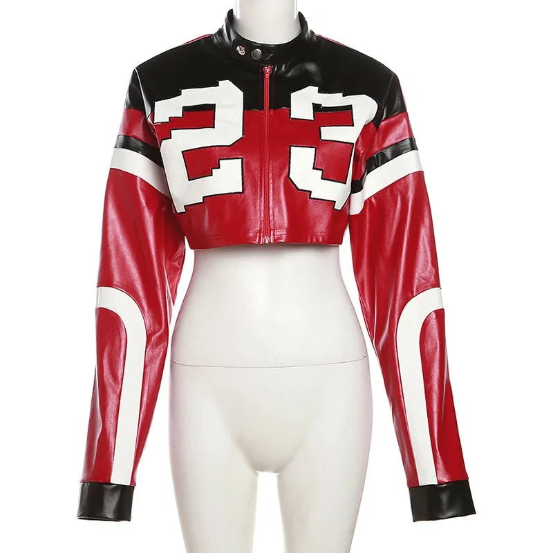 Streetwear Fashion Women Faux Leather New Jacket Letter Print Autumn Casual Sporty Wild Streetwear Uniform Trend Lady Crop Coat