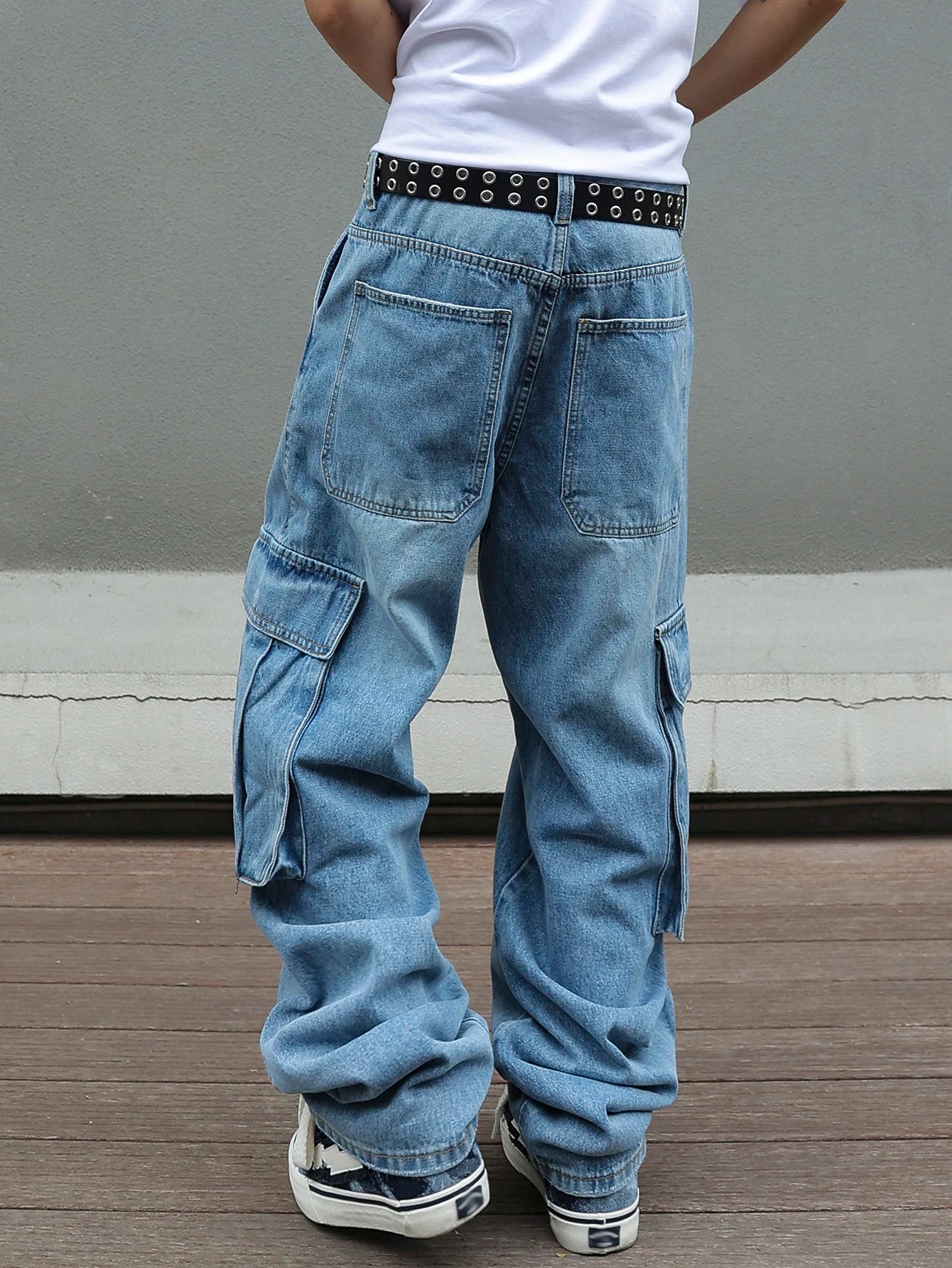 Men's Baggy Cargo Pants Light Blue Washed Denim
