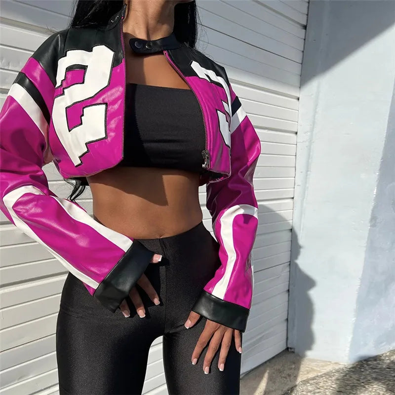 Streetwear Fashion Women Faux Leather New Jacket Letter Print Autumn Casual Sporty Wild Streetwear Uniform Trend Lady Crop Coat