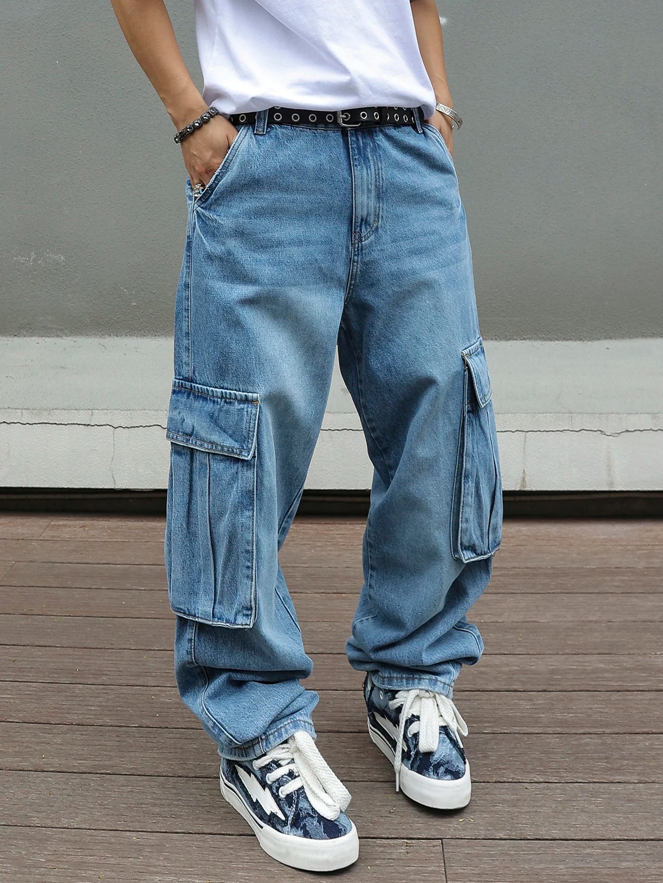 Men's Baggy Cargo Pants Light Blue Washed Denim