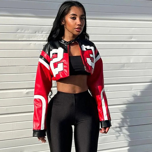 Streetwear Fashion Women Faux Leather New Jacket Letter Print Autumn Casual Sporty Wild Streetwear Uniform Trend Lady Crop Coat