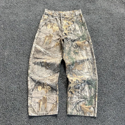 Mens Vintage Oversized Leaf Print Baggy Wide Loose Pants