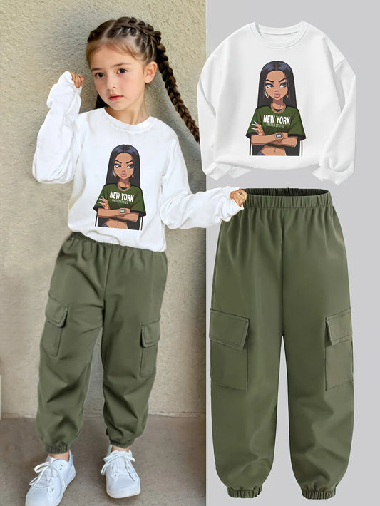 Kids Clothes Girls Letter Print Casual Sweatshirt&Cargo Pants Set