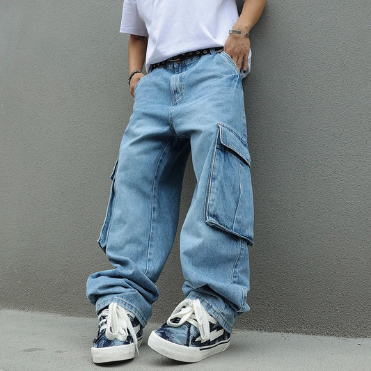 Men's Baggy Cargo Pants Light Blue Washed Denim